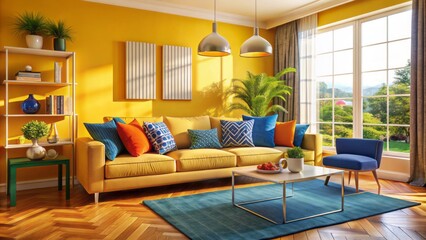 Fototapeta premium Vibrant yellow living room with sleek couch adorned with blue and orange throw pillows exuding warm cheerful modern ambiance.