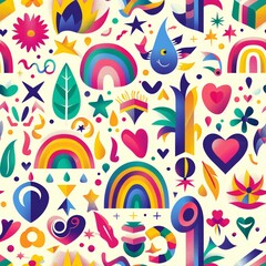 Fototapeta premium A colorful and abstract design with many different shapes and patterns, including hearts, stars, and rainbows