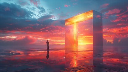 A surreal landscape with a lone figure standing by a glowing portal at sunset, capturing the beauty of imagination and digital art.