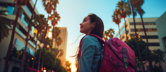 Obraz premium Girl with a pink backpack walking through a sunny city street lined with palm trees, capturing urban exploration and youthfulness