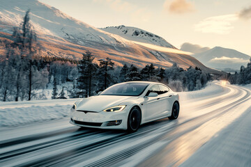 Naklejka premium An AI generative image panning shot of moving ev car on snowy condition.