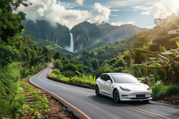 An AI generative image of moving EV car with visible nature and waterfall insight.