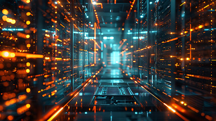 data center with glowing servers and network connections, highlighting the infrastructure and technology that power the IT sector