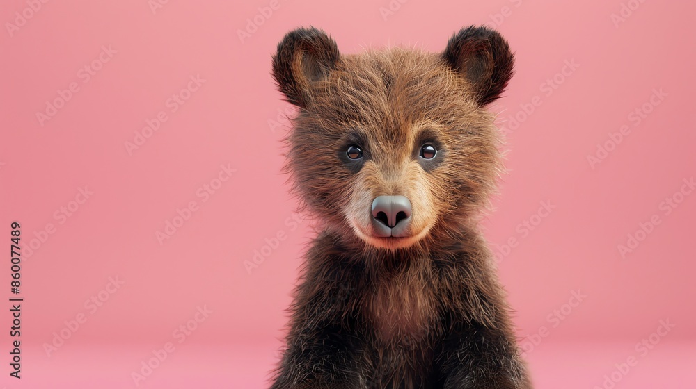 Poster A cute brown bear cub with soft fur, looking directly at the camera on a pink background.