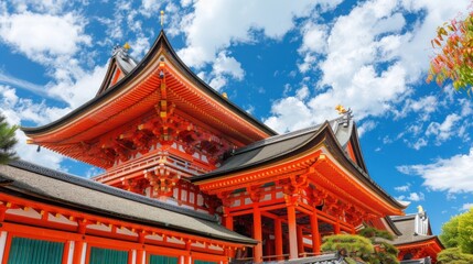 Obraz premium Traditional Japanese Architecture with Red Roof and Golden Accents