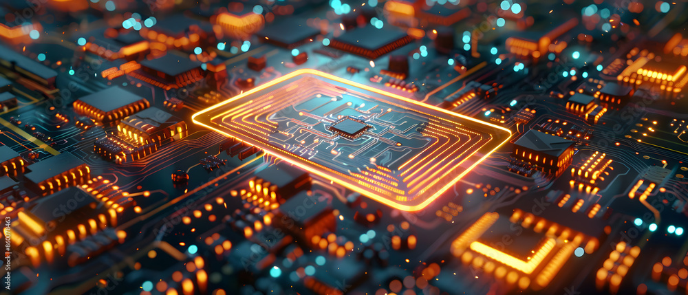 Poster a complex circuit board with tiny electronic components soldered on its surface