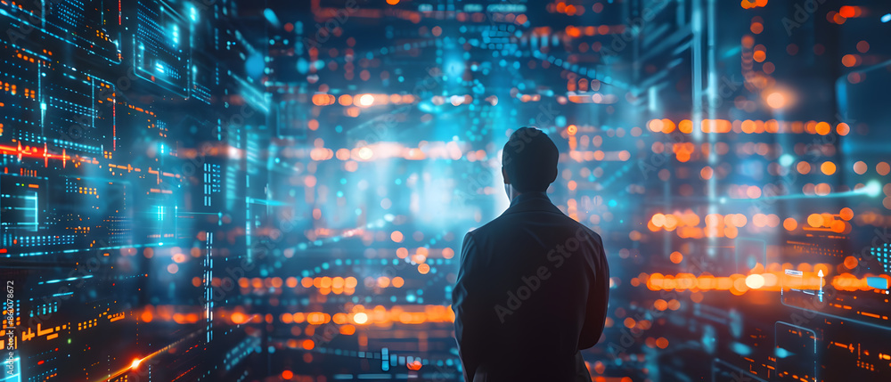 Poster binary code tunnel background illustrates the digital flow of information in a global business netwo