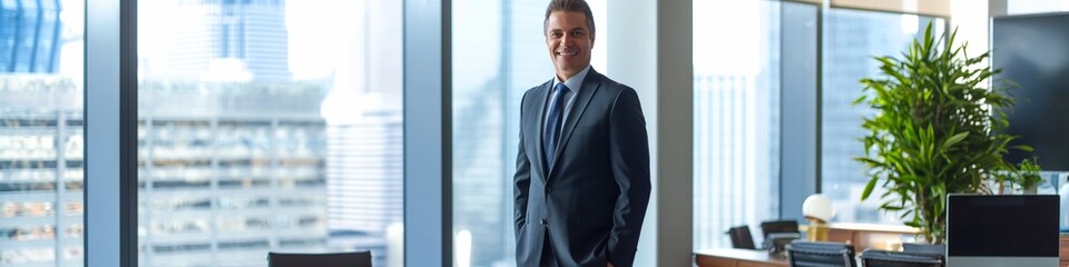 Fototapeta premium Successful professional manager standing confidently in a modern office, smiling and looking smart in a suit.