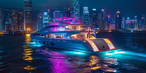 A stunning harbor skyline at night with an illuminated yacht, reflecting luxury and urban cityscape elegance.