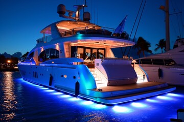 A luxurious yacht illuminated at night, showcasing wealth and private nautical elegance in a harbor.