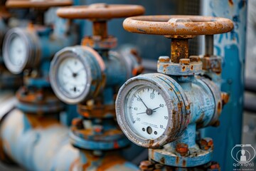 Close-up of an Old Rusty Industrial Valve with a Gauge