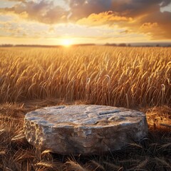 A stone podium set against a background of golden wheat fields at sunset