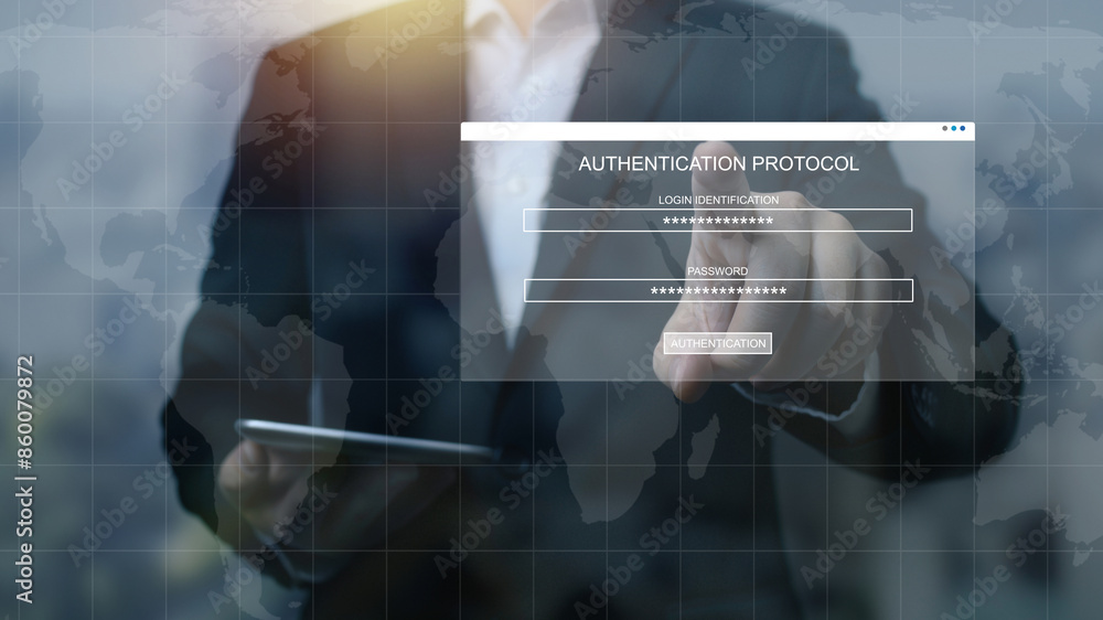 Poster businessman using laptop login username and password identity on virtual screen. cyber security prot