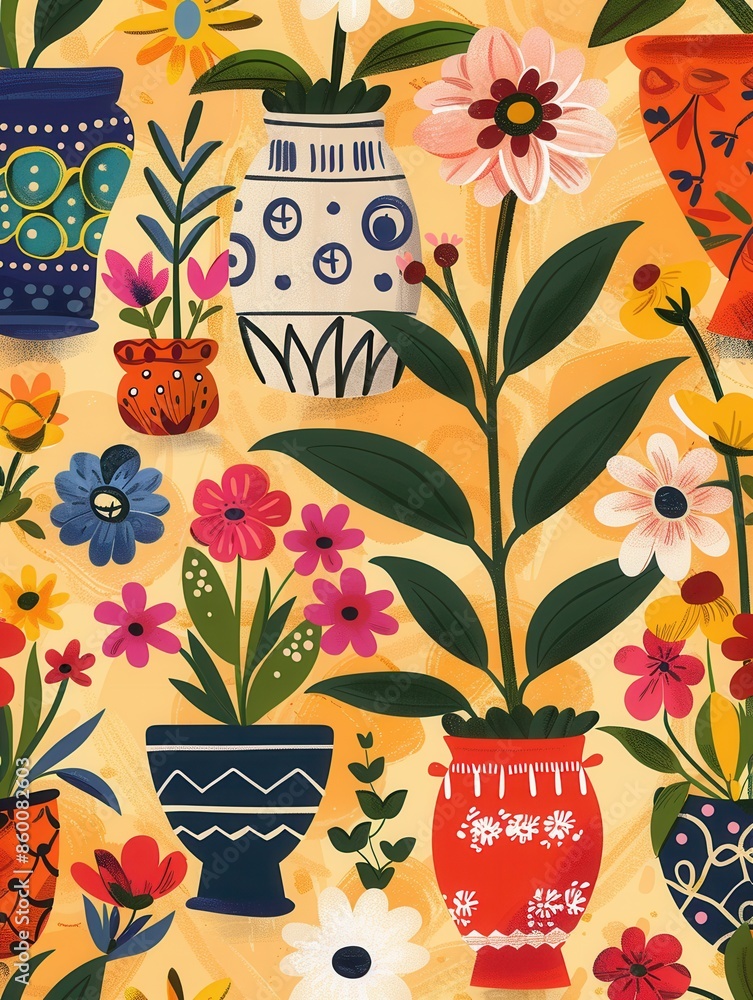 Poster a cheerful and colorful illustration featuring flowers in various decorative pots, perfect for creat
