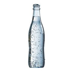 A clear glass bottle filled with sparkling water, showing bubbles rising to the top. Isolated on a plain white background.