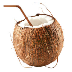 Fresh coconut with straw, perfect tropical drink for summer refreshment. Ideal for beach, vacation,...