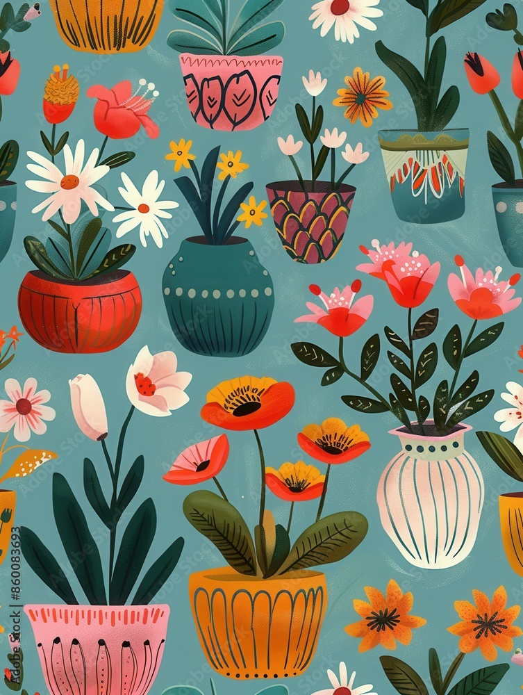 Aufkleber a cheerful and colorful illustration of potted flowers, perfect for adding a touch of nature to any 