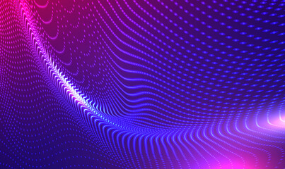 Abstract futuristic 3d wave particle dots technology background. Wave moving dots flow particles, Neon light, hi-tech and big data. Wave of streaming particles. Modern technology and science vector.