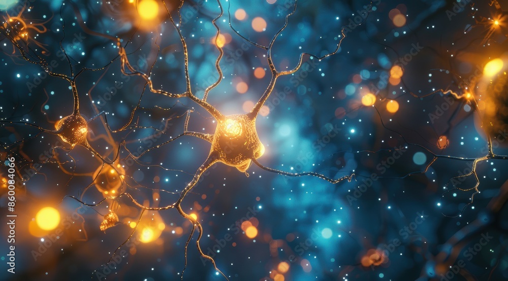 Poster 3D rendering of An illustration showing the structure and activity in neurons, glowing with orange light, blue background, wide angle lens, high resolution