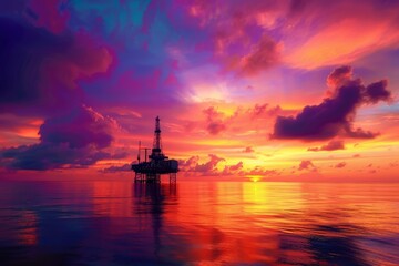 Fototapeta premium Oil Rig Silhouette at Sunset Over the Ocean