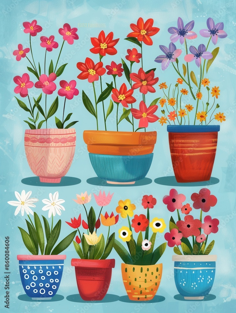 Poster a vibrant collection of potted flowers in various decorative containers, creating a cheerful and wel