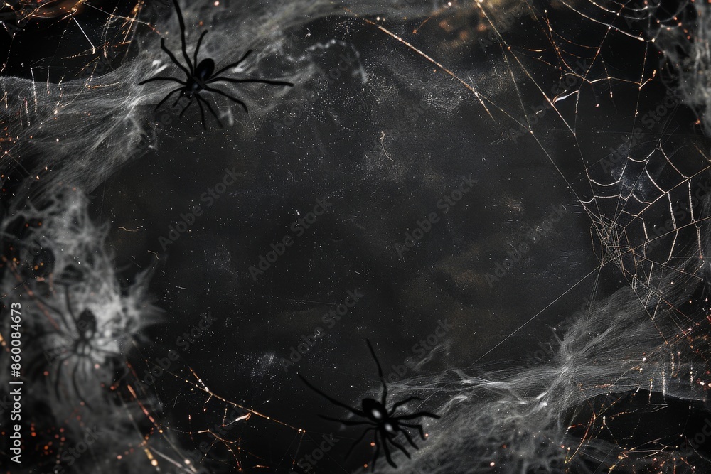 Aufkleber creepy cobweb border with black widow spiders and shimmering threads