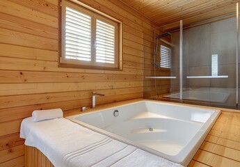 Bathroom in a wooden house, bathtub and towel rack on the wall with slats, glass door to the steam room.