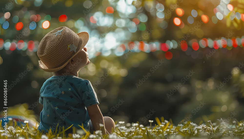 Sticker A young boy wearing a red hat and a red, white