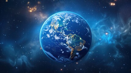 Obraz premium A blue and white planet with a bright star in the background