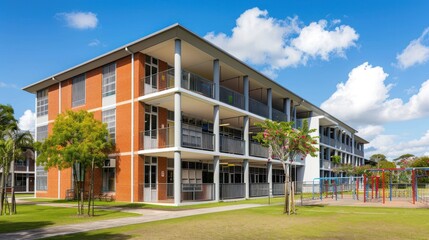 Obraz premium Modern School Building with Balconies and Playground