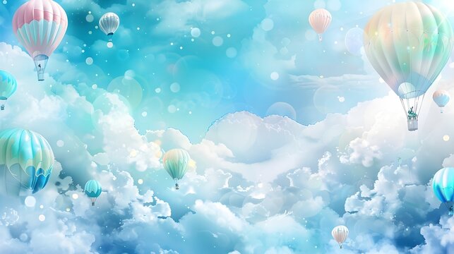 Whimsical Aerial Voyage Through Ethereal Pastel Skies with Floating Hot Air Balloons