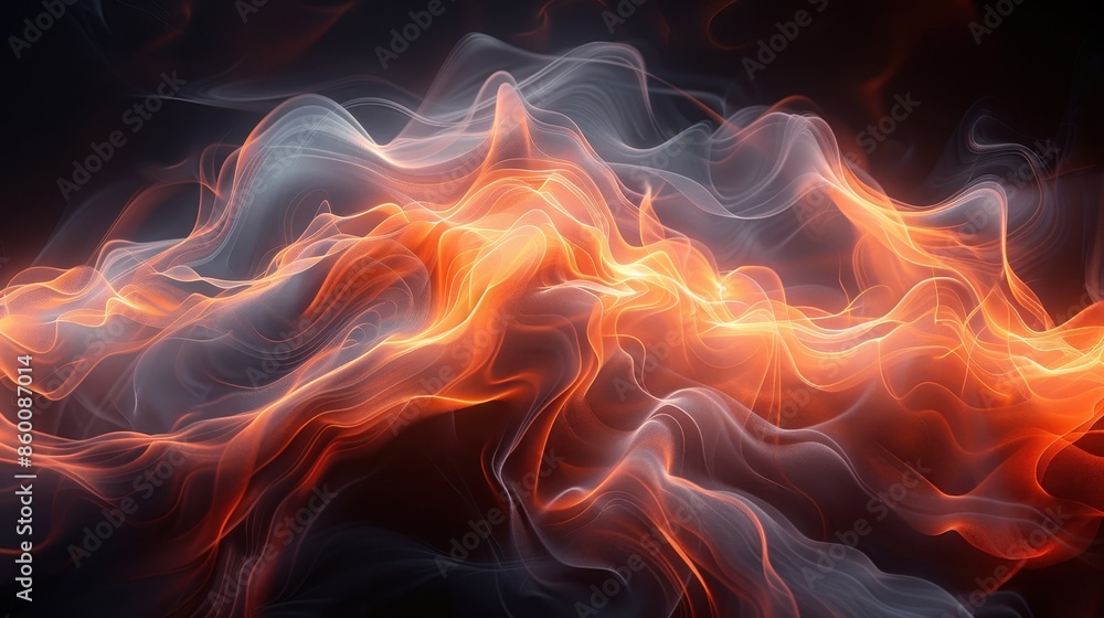 Poster an intriguing composition of orange flames intertwined with white smoke, creating a fluid and dynami