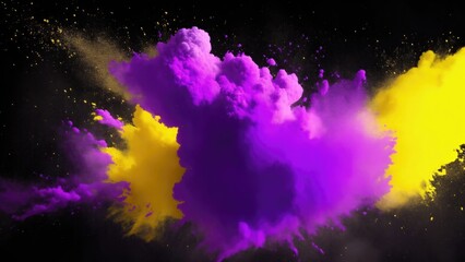 Yellow, White and Purple colors dust on black background, Colored powder explosion