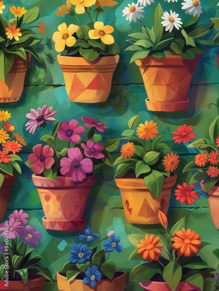 Poster an image of a colorful flower wall in decorative pots, creating a cheerful and vibrant atmosphere, p