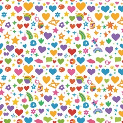 A colorful pattern of hearts and stars on a white background. The pattern is full of bright colors and shapes, creating a cheerful and playful mood
