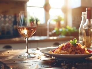 Naklejka premium A beautifully set table featuring a glass of wine and a delicious plate of pasta in a sunlit, cozy kitchen setting. Warm, inviting atmosphere.