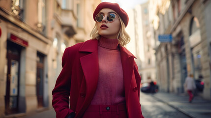 Obraz premium Fashionable confident blonde woman wearing trendy sunglasses beret pink turtleneck sweater dark red autumn coat flared trousers walking in street of European city Outdoor fulllength p : Generative AI