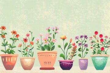 Fototapeta premium A row of flower pots with vibrant flowers displayed in a home decor store. Generative AI