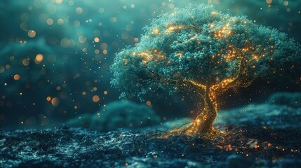 Fototapeta premium An enchanting tree beautifully illuminated by glowing, magical lights in a mystical forest setting, capturing an ethereal and dreamy atmosphere with sparkling elements.