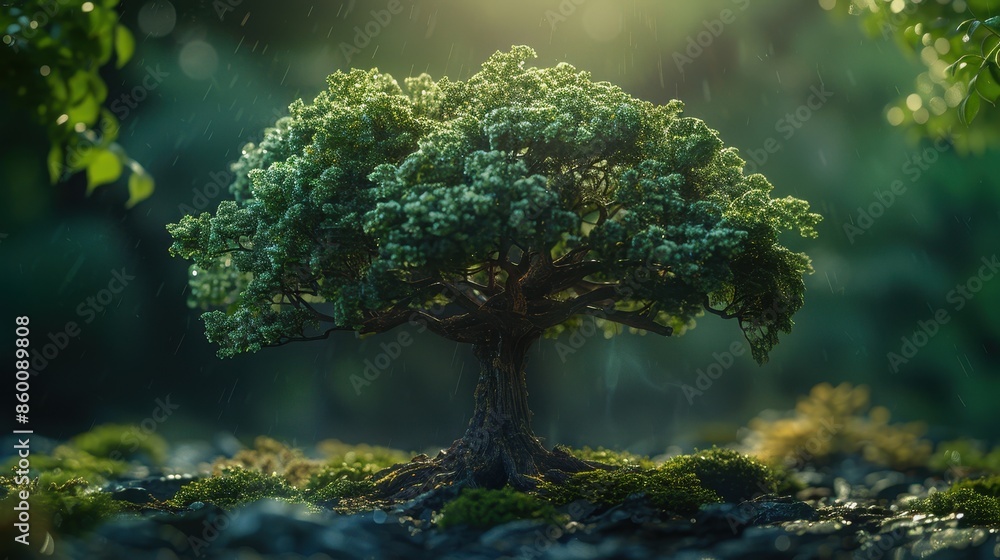 Poster a serene tree in the rain, highlighted by a glowing and mystical atmosphere, creating a peaceful and
