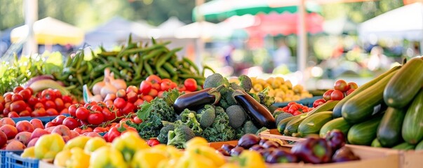 Colorful farmers market display, fresh vegetables and fruits, bustling atmosphere, sunny day