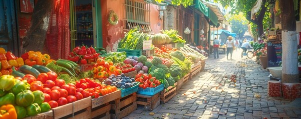 Colorful farmers market display, fresh vegetables and fruits, bustling atmosphere, sunny day