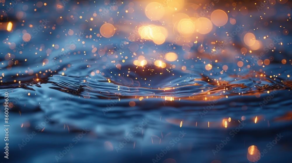 Poster this image features the serene surface of water adorned with glowing orbs and intricate light refrac