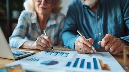 Elderly Couple Strategizing Financial Investments with Charts and Graphs in Home Office