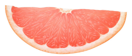 Close-up of a fresh and juicy grapefruit slice with vibrant red flesh, perfect for healthy eating and refreshing snacks, isolated white background