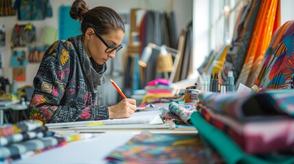 Fototapeta premium Fashion designer sketching in a bright studio, materials and fabrics scattered around, creative process in focus