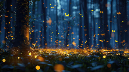 A swarm of fireflies glowing in the dark forest