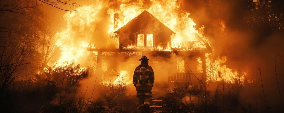 Firefighter battling a fierce house fire, intense flames and smoke, heroism and danger theme