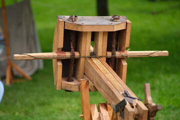 Ancient Roman ballista with a loaded throwing arrow, close-up