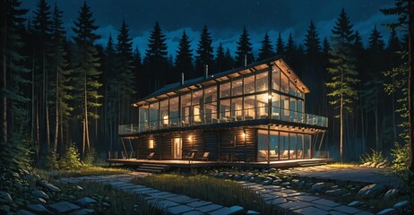 Fototapeta premium house in the forest at night. modern cabin lodge home building glass exterior in nature woods. interior decor design landscape.